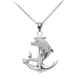 High Polished Sterling Silver Textured Dolphin Anchor Pendant Necklace