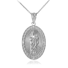 Sterling Silver St Jude CZ Oval Medium Pendant Necklace