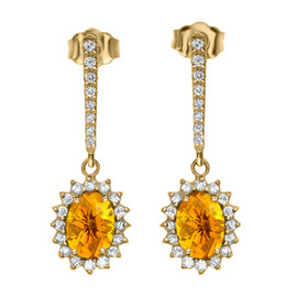 Diamond And Citrine Yellow Gold Elegant Earrings