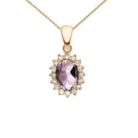 Diamond And June Birthstone CZ Alexandrite Yellow Gold Elegant Pendant Necklace