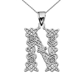 "N" Initial In Celtic Knot Pattern Sterling Silver Pendant Necklace