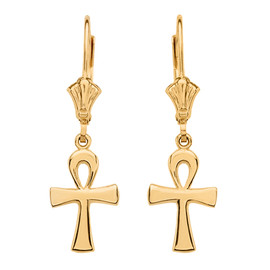 14K Yellow Gold Egyptian Ankh Polished Earrings