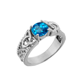 White Gold Celtic Knot Blue Topaz Gemstone Ring