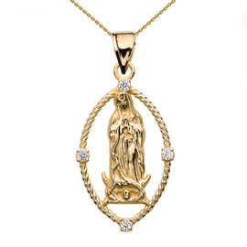 The Blessed Virgin Mary CZ Yellow Gold Open Rope Design Pendant Necklace
