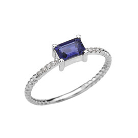 Dainty White Gold Solitaire Emerald Cut Iolite and Diamond Rope Design Engagement/Promise Ring