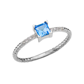 Dainty White Gold Solitaire Princess Cut Blue Topaz and Diamond Rope Design Engagement/Promise Ring