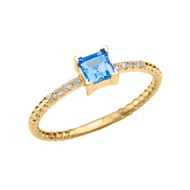 Dainty Yellow Gold Solitaire Princess Cut Blue Topaz and Diamond Rope Design Engagement/Promise Ring