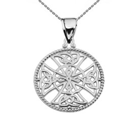 White Gold Trinity Knot Celtic Cross In A Round Rope Frame Pendant Necklace