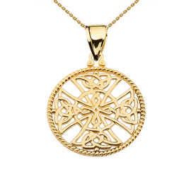 Yellow Gold Trinity Knot Celtic Cross In A Round Rope Frame Pendant Necklace