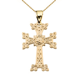 Eternity "Khachkar" Armenian Cross Yellow Gold Pendant Necklace (Medium)
