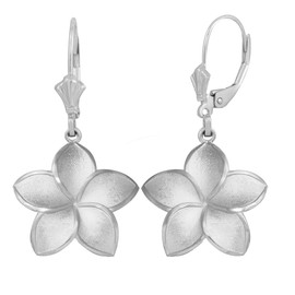 14K White Gold Five Petal Diamond Cut Plumeria Flower Matte Earring Set  (Large)