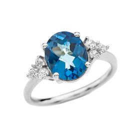 3 Carat Blue Topaz Solitaire White Gold Modern Proposal/Promise Ring With White Topaz Sidestones