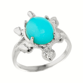 White Gold Ladies Diamond and Turquoise Gemstone Turtle Ring