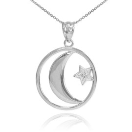 White Gold Crescent Moon with Diamond Star Islamic Pendant Necklace