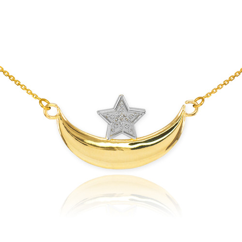 14k Gold Diamond Crescent Moon and Star Islamic Necklace