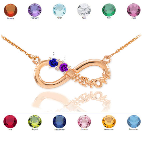 14k Rose Gold Infinity #1MOM Necklace with Two CZ Birthstones