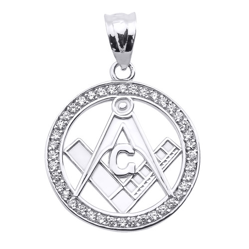 White Gold CZ Studded Freemason Masonic Pendant