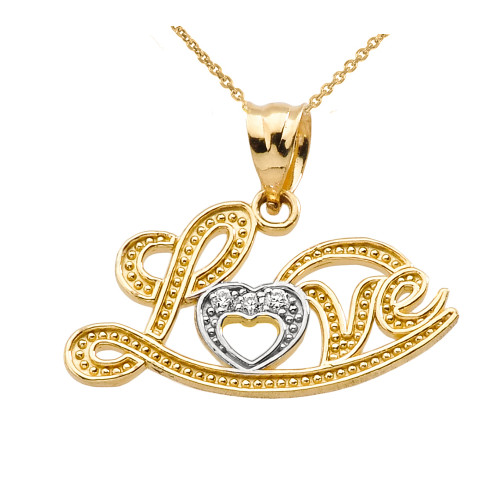 "Love" Script Yellow Gold Diamond Pendant Necklace