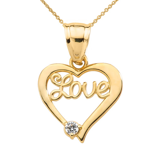 Yellow Gold "Love" Script Diamond Heart Pendant Necklace