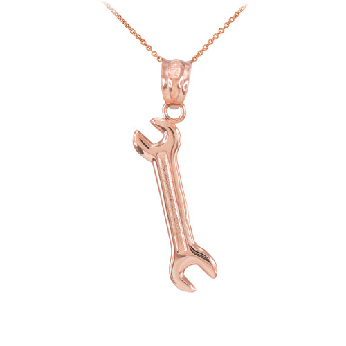 Polished Rose Gold Open End Wrench Pendant Necklace