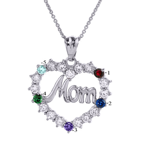 White Gold "MOM" Open Heart Pendant Necklace with Five CZ Birthstones