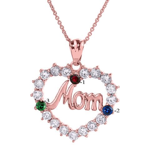 Rose Gold "MOM" Open Heart Pendant Necklace with Three CZ Birthstones