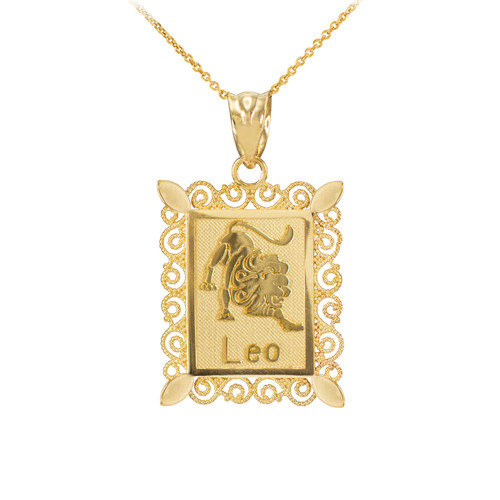 Polished Gold Leo Zodiac Sign Rectangular Pendant Necklace
