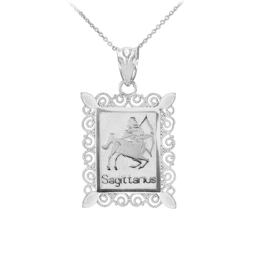 White Gold Sagittarius Zodiac Sign Filigree Pendant Necklace