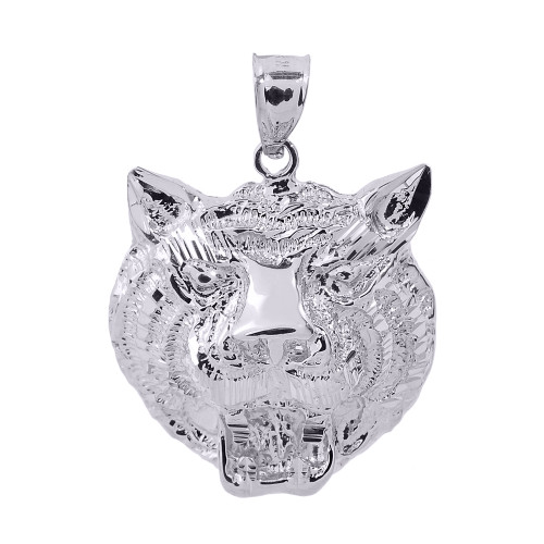 White Gold Diamond Cut Tiger Head Charm Pendant