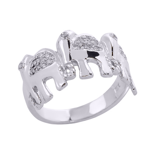 White Gold Diamonds Studded Three Elephant Ladies Ring
