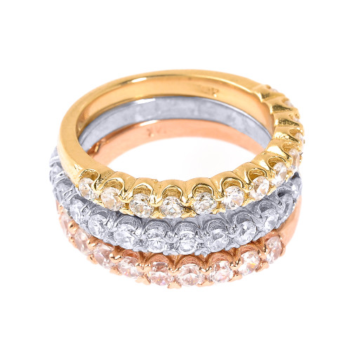 Tri Color Gold CZ Stackable 3-Piece Wedding Ring Set