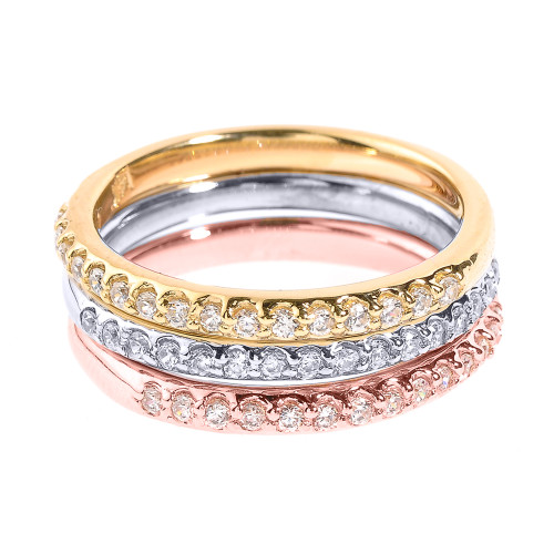 14k Tri Color Gold Diamond Stackable 3-Piece Wedding Set