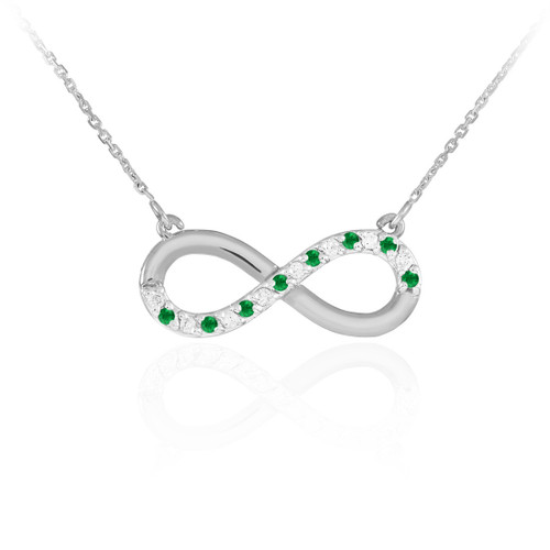 14K White Gold Emerald and Diamond Infinity Necklace