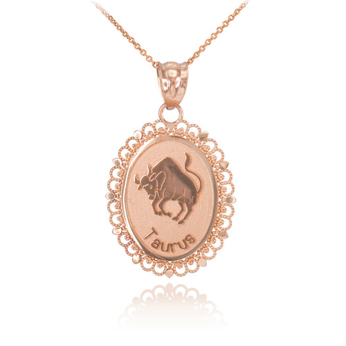 Polished Rose Gold Taurus Zodiac Sign Oval Pendant Necklace