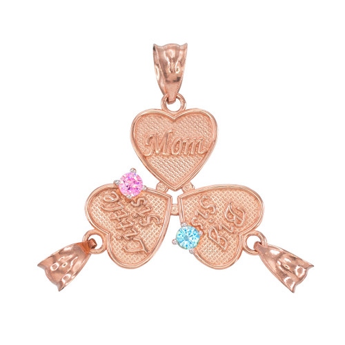 3pc Rose Gold 'Mom' 'Big Sis' 'Little Sis' Dual CZ Birthstone Heart Charm Set