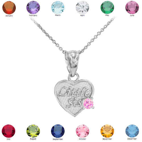 White Gold 'Little Sis' Birthstone CZ Heart Charm Necklace