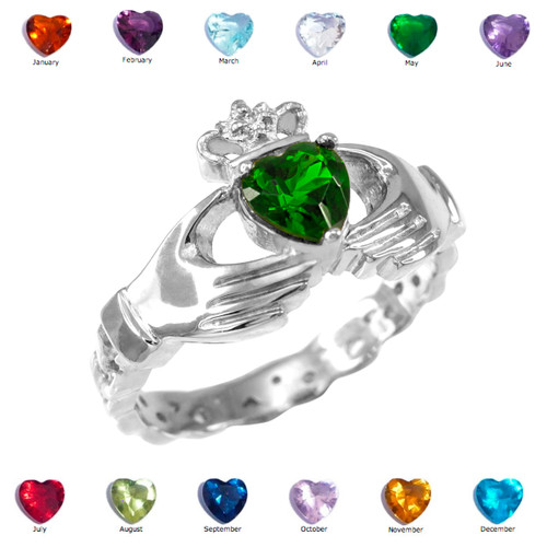 White Gold Claddagh Diamond Crown Birthstone CZ Ring