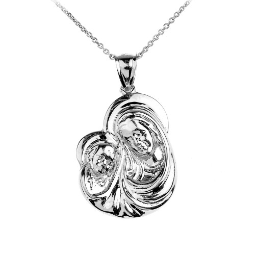 White Gold Madonna and Child Mother's Embrace Pendant Necklace