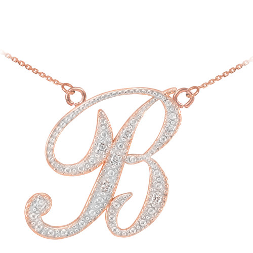 14k Rose Gold Letter Script "B" Diamond Initial Necklace
