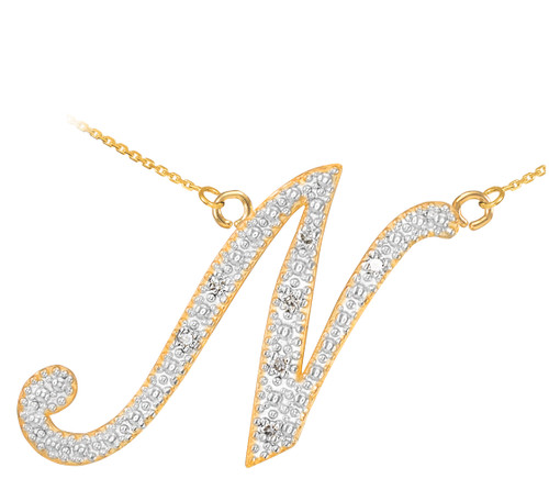 14k Gold Letter Script "N" Diamond Initial Necklace