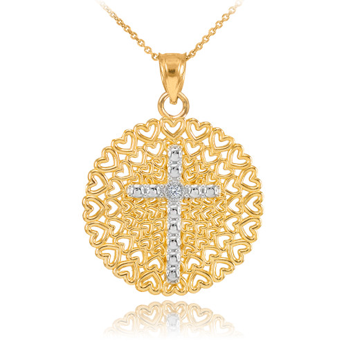 Two-Tone Gold Filigree Heart Cross Diamond Pendant Necklace