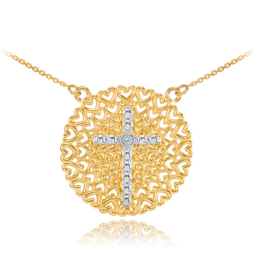 Two-Tone Gold Filigree Heart Cross Diamond Necklace