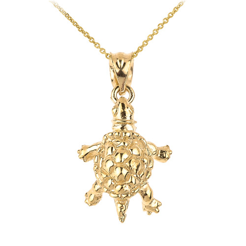 Solid Yellow Gold Turtle Charm Pendant Necklace