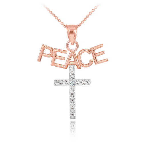 14K Two Tone Rose Gold PEACE Cross Diamond Pendant Necklace