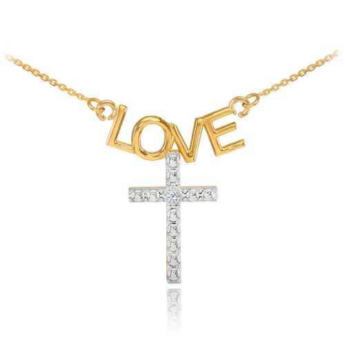 14K Two Tone Gold LOVE Cross Diamond Necklace