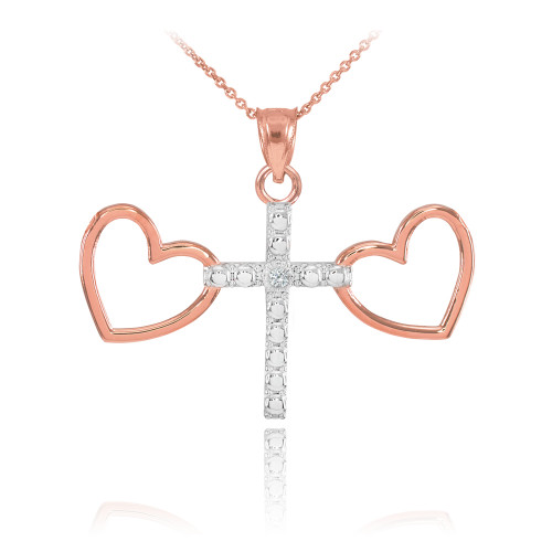 14K Two Tone Rose Gold Heart Cross Diamond Charm Necklace