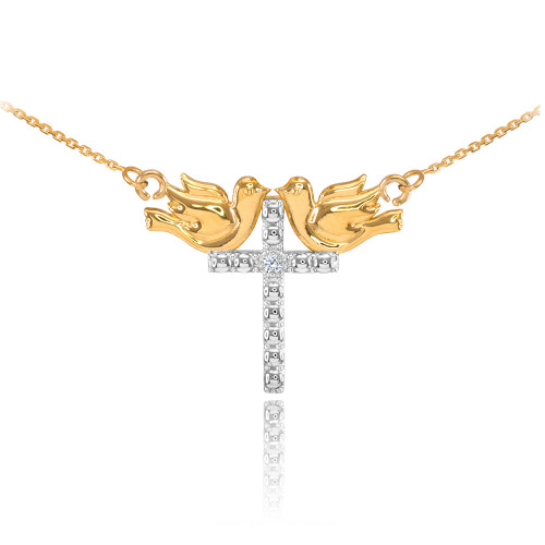 14K Two Tone Gold Pigeon Cross Diamond Necklace