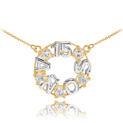 14K Two Tone Yellow and White Gold 15 Años CZ Necklace