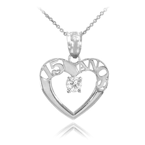 14K White Gold 15 Años Heart CZ Pendant Necklace