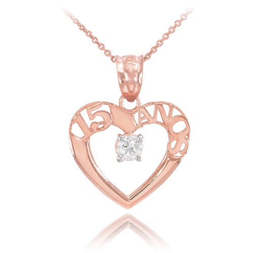 14K Rose Gold 15 Años Heart CZ Pendant Necklace